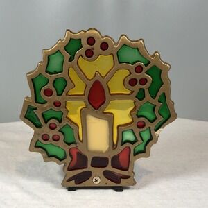 VTG STAINED GLASS Gold Metal CANDLE HOLDER CHRISTMAS WREATH TEALIGHT CANDLE BOW